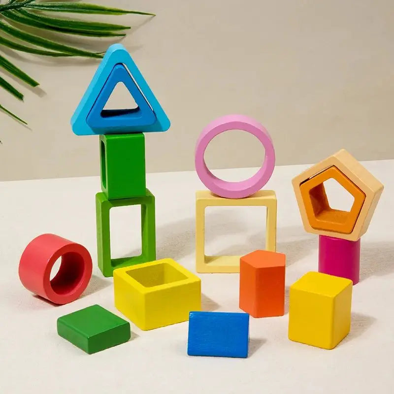 Jouet Montessori en bois Petit Trésor avec blocs à empiler, formes géométriques colorées pour l'apprentissage des couleurs et des formes