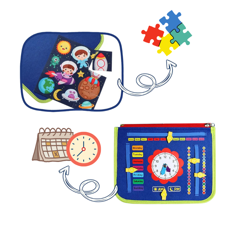Jeu éducatif pour enfants de 3 à 5 ans de la marque Petit Trésor, avec une planche d’activités colorée et interactive.
