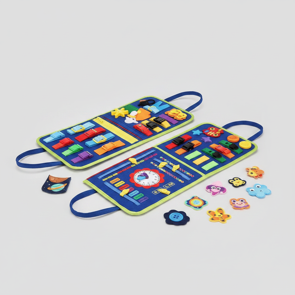 Jeu éducatif Petit Trésor pour enfants 3-5 ans avec activités colorées sur une planche en bois.