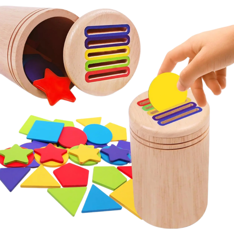 Jouet d'apprentissage en bois Montessori Petit Trésor pour enfants de 2 à 5 ans, avec formes colorées et pièces éducatives.