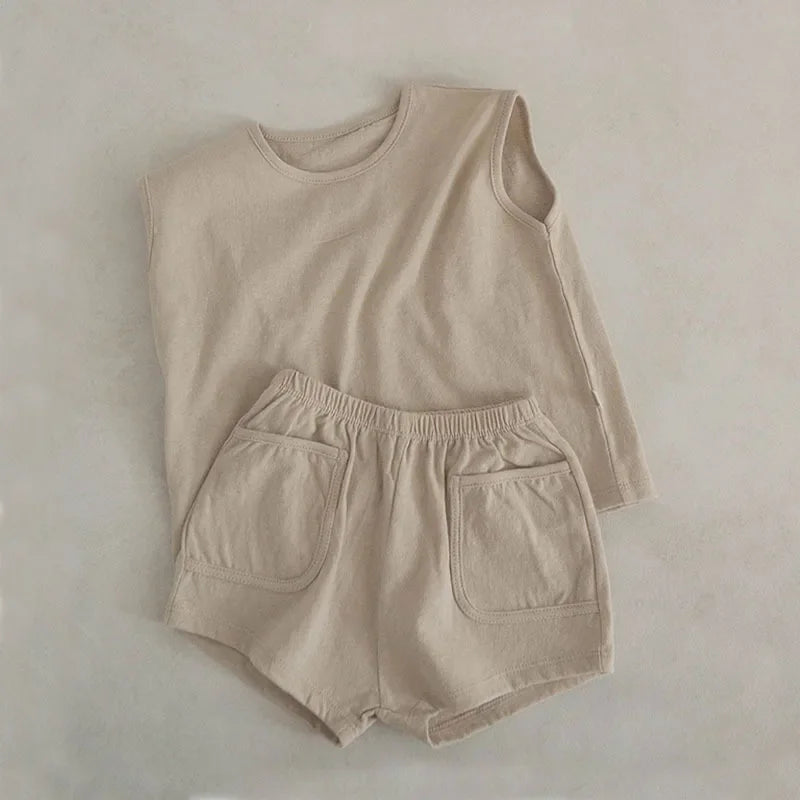 Ensemble débardeur et short pour bébé, coton casual pour fille et garçon, coloris neutre, marque Petit Trésor.