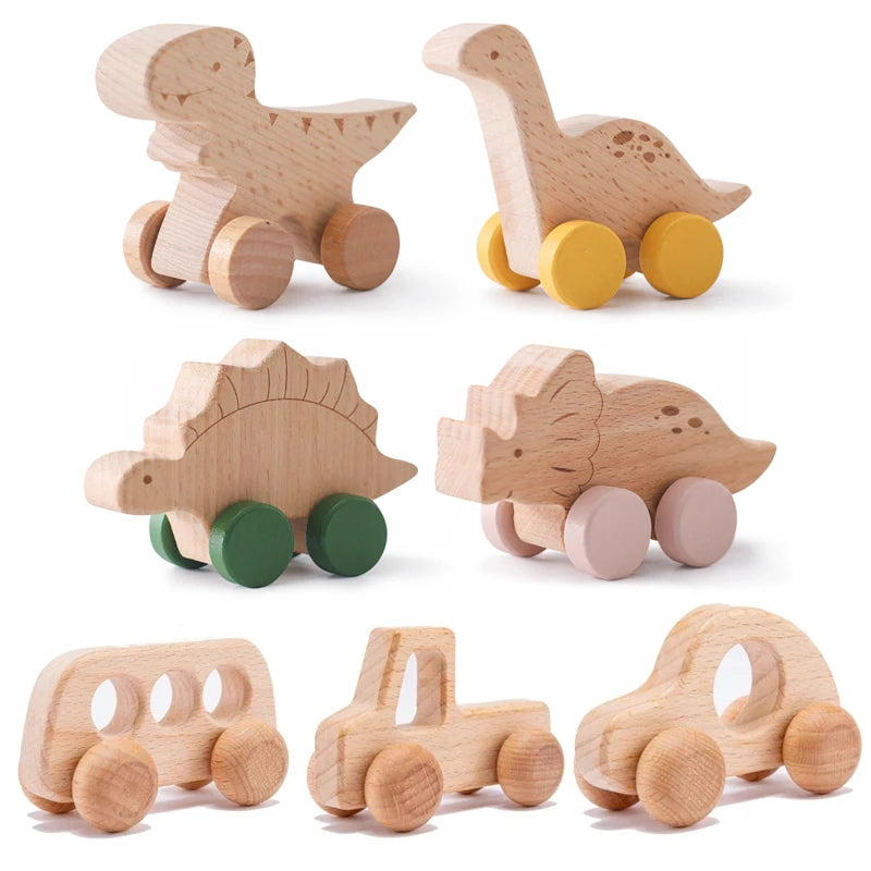 Jouet de Dentition Montessori en Bois – Voiture Dinosaure | Jouet Sensoriel d'Éveil pour Bébé
