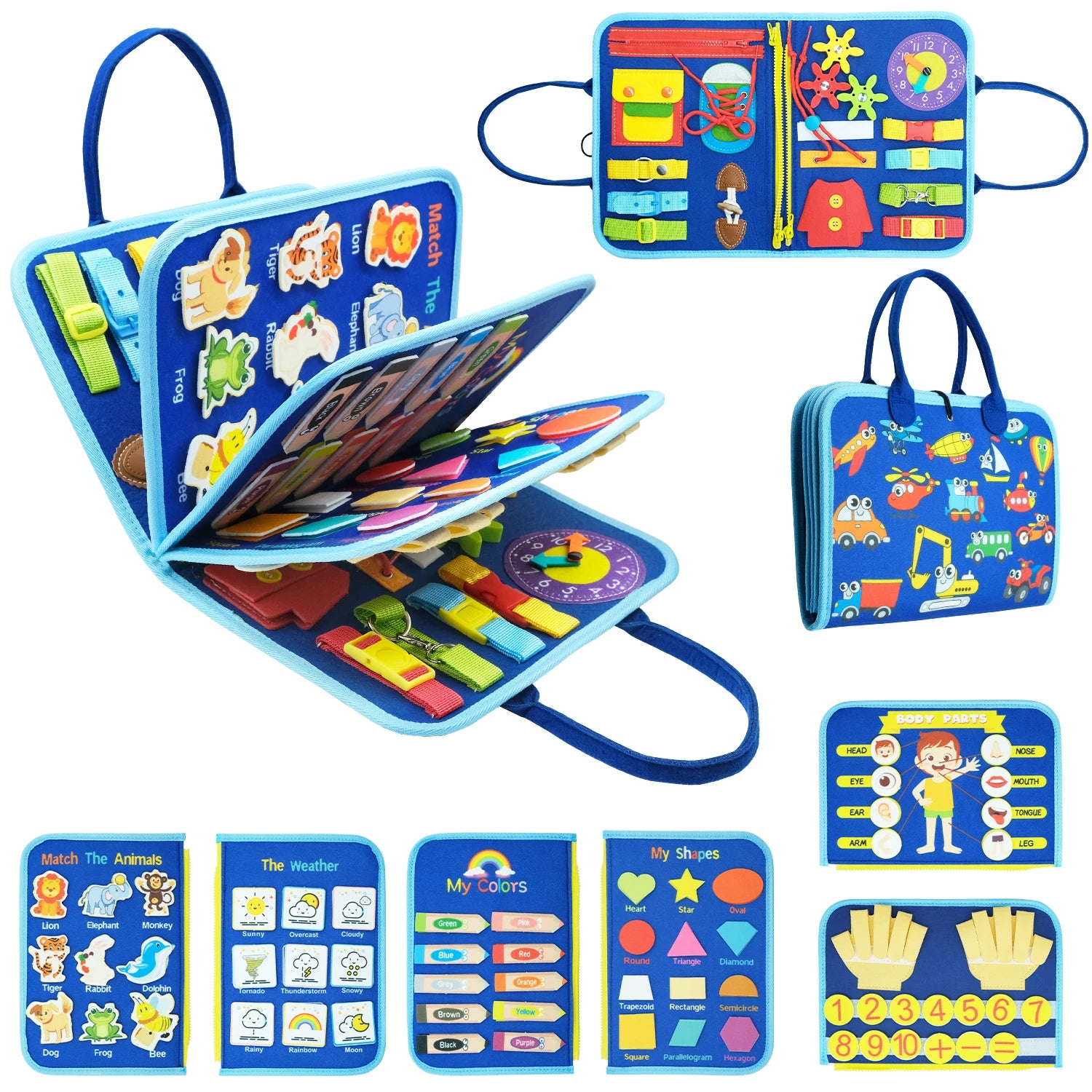 Tableau sensoriel Montessori pour bébé Petit Trésor avec activités éducatives et motricité fine, dès 1 an, en bois coloré.