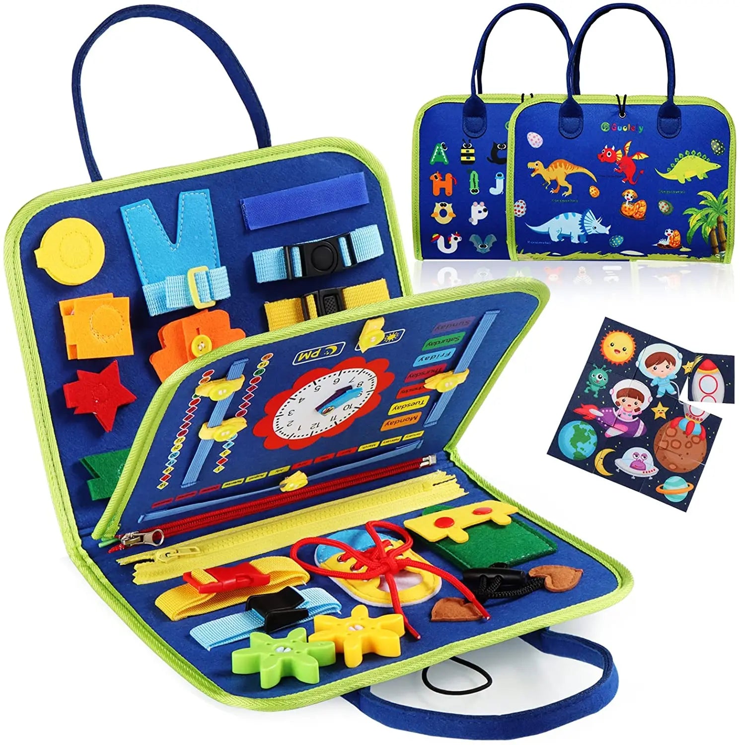 Tableau d’éveil Montessori pour bébé Petit Trésor, jouet sensoriel éducatif et motricité fine avec différentes textures et activités.