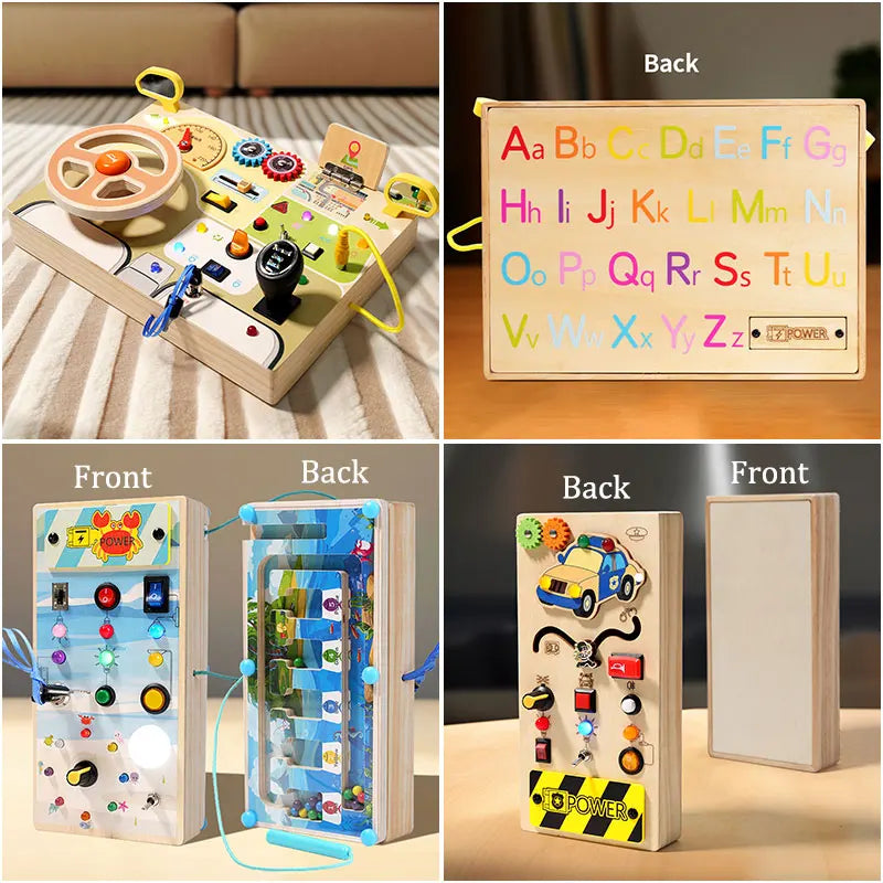 Busy Board Montessori avec Volant de Voiture et Interrupteurs LED – Tableau d'Activités Sensorielles Éducatif pour Enfants | Jouet d'Éveil et de Motricité | Dès 3 Ans