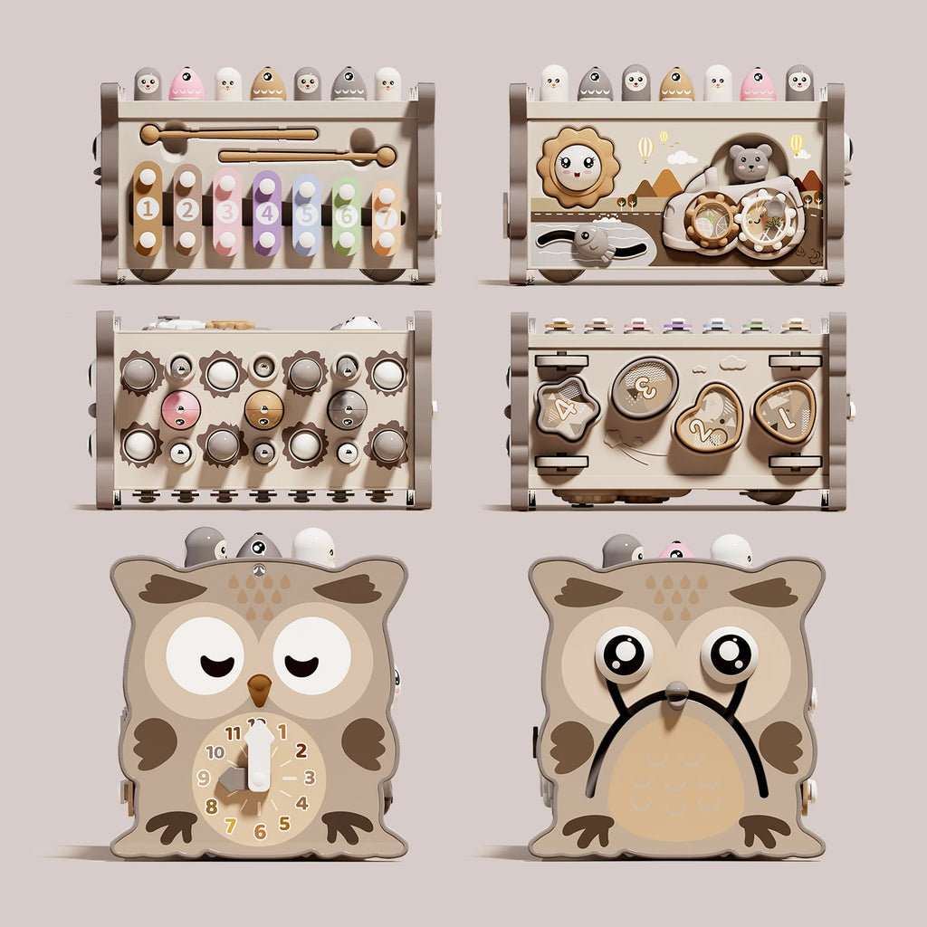 Busy Board Montessori Hibou – Jouet Éducatif Sensoriel en Bois | Jeu de Pêche Magnétique, Xylophone et Apprentissage des Chiffres dès 3 Ans