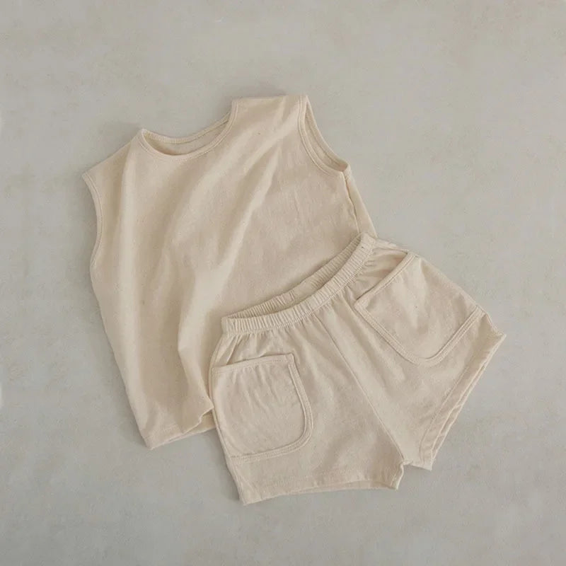 Ensemble débardeur et short en coton pour bébé fille et garçon, vêtements casual de la marque Petit Trésor.