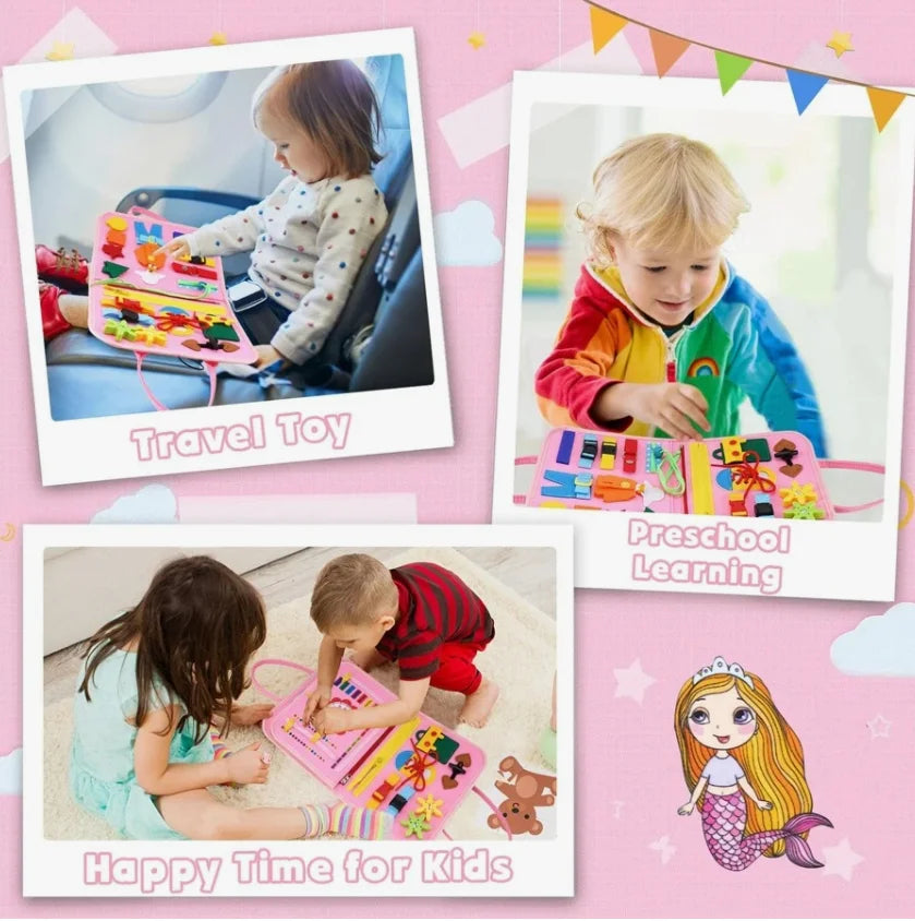 Tableau sensoriel Montessori pour bébé Petit Trésor, jouet éducatif en bois avec boutons, fermetures et textures pour la motricité fine.