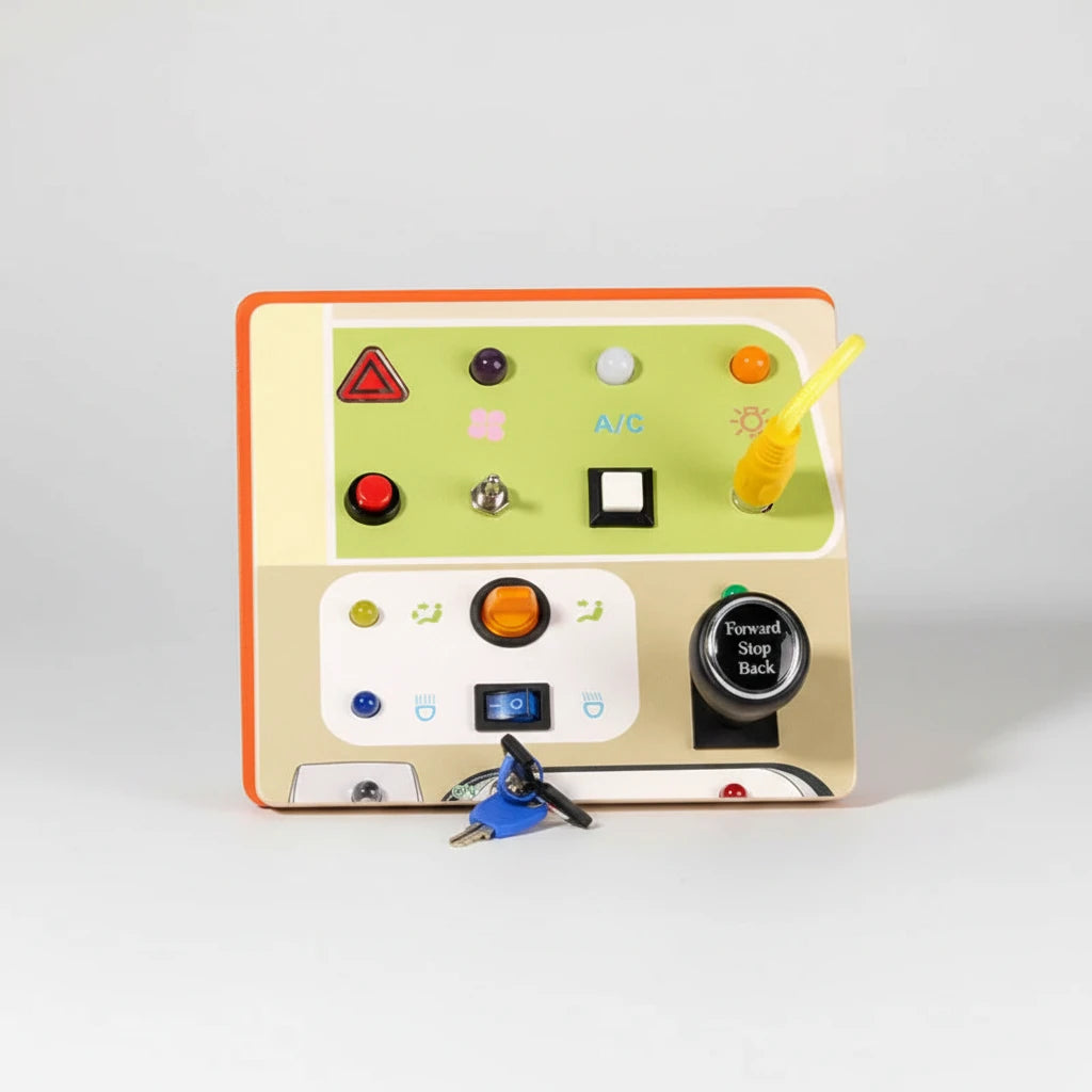 Busy Board Montessori avec Volant de Voiture et Interrupteurs LED – Tableau d'Activités Sensorielles Éducatif pour Enfants | Jouet d'Éveil et de Motricité | Dès 3 Ans