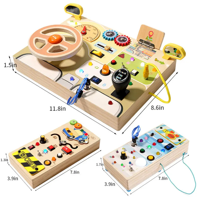 Busy Board Montessori avec Volant de Voiture et Interrupteurs LED – Tableau d'Activités Sensorielles Éducatif pour Enfants | Jouet d'Éveil et de Motricité | Dès 3 Ans
