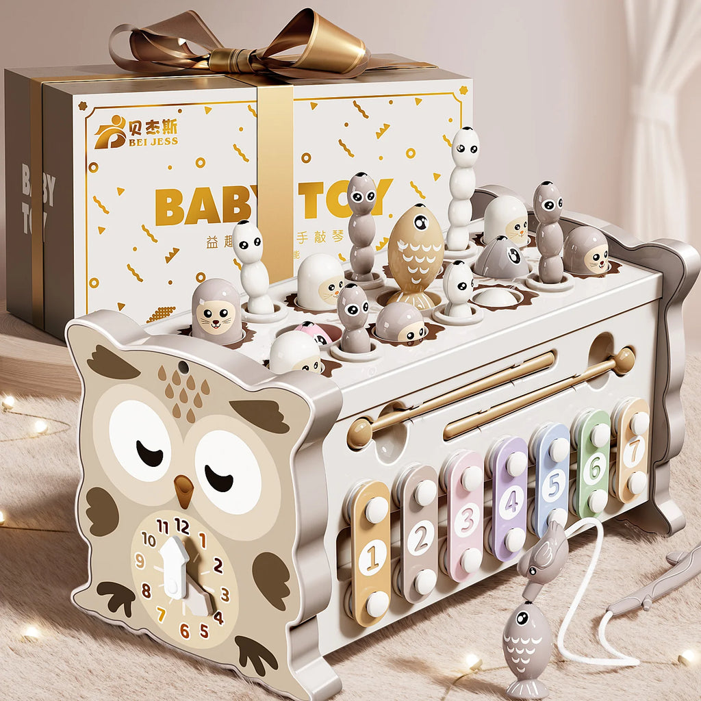 Busy Board Montessori Hibou – Jouet Éducatif Sensoriel en Bois | Jeu de Pêche Magnétique, Xylophone et Apprentissage des Chiffres dès 3 Ans