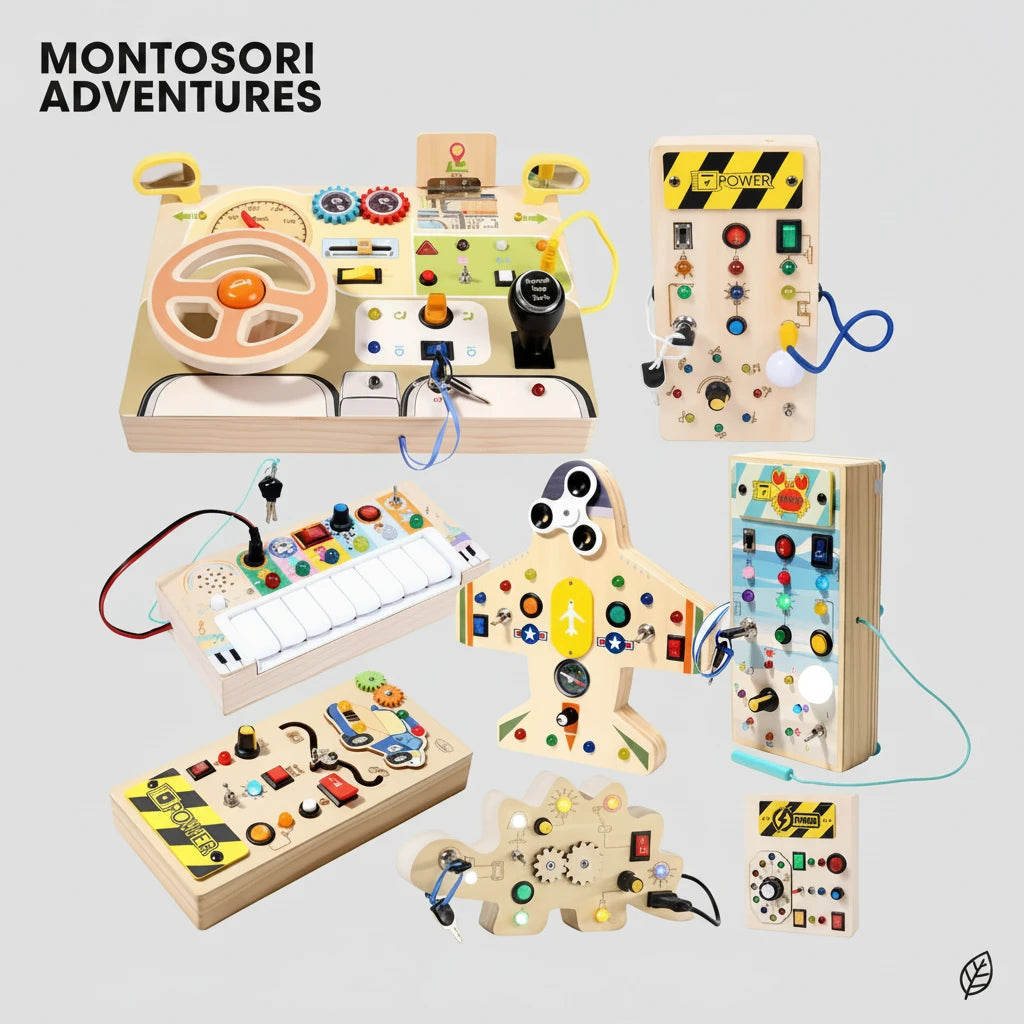Busy Board Montessori avec Volant de Voiture et Interrupteurs LED – Tableau d'Activités Sensorielles Éducatif pour Enfants | Jouet d'Éveil et de Motricité | Dès 3 Ans