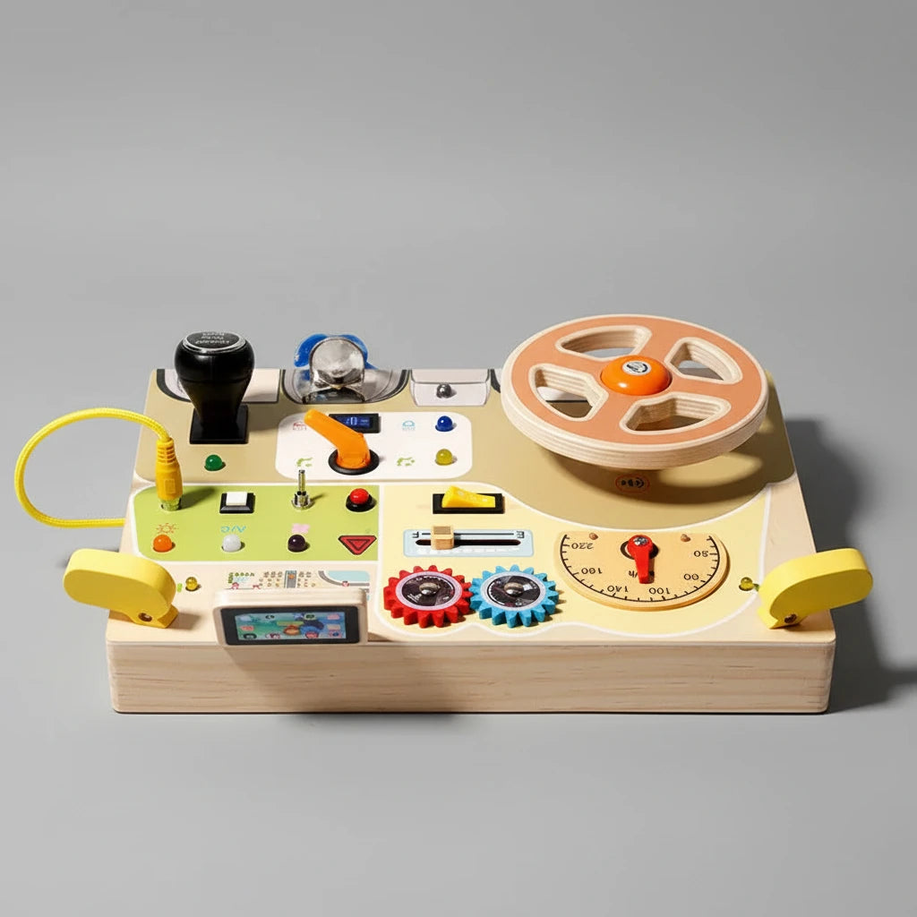 Busy Board Montessori avec Volant de Voiture et Interrupteurs LED – Tableau d'Activités Sensorielles Éducatif pour Enfants | Jouet d'Éveil et de Motricité | Dès 3 Ans