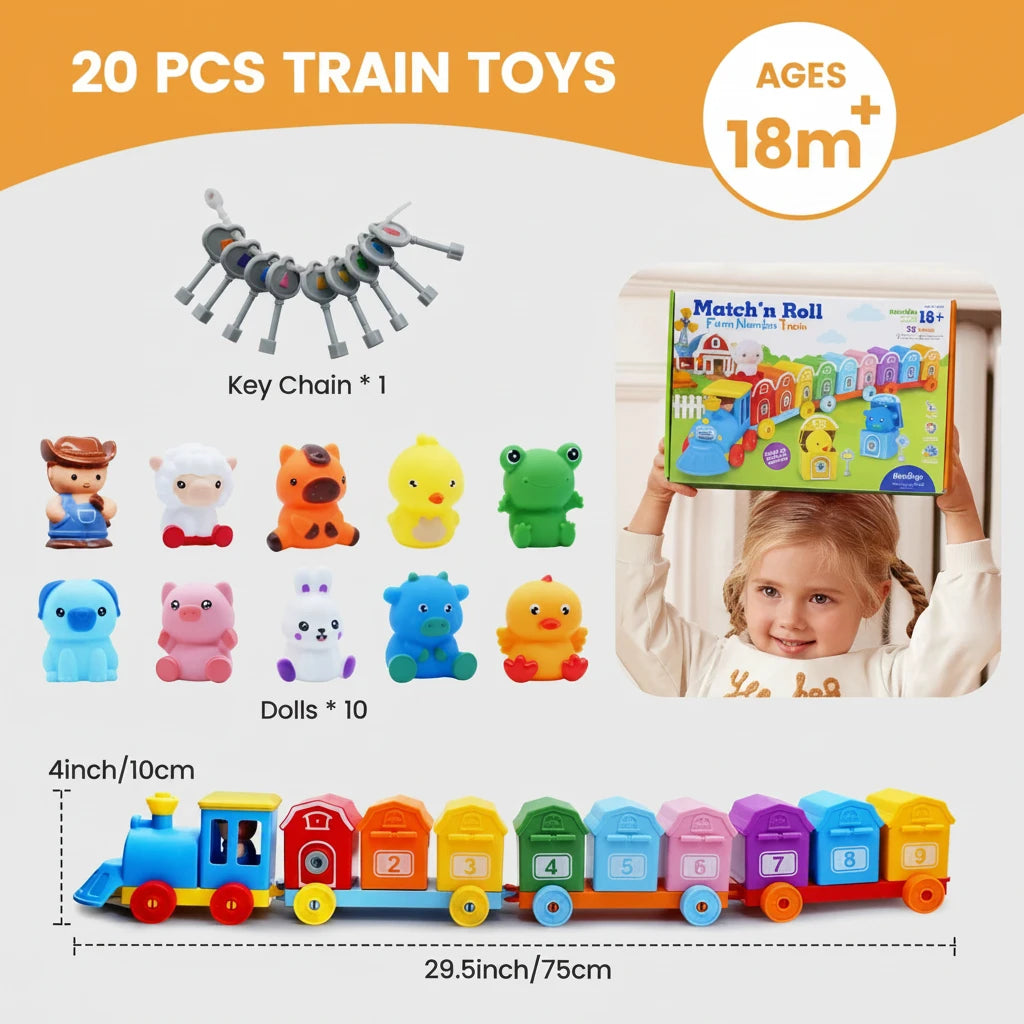 Train Montessori Ferme – Jeu Éducatif en Bois | Apprentissage des Chiffres, Tri, Association et Motricité Fine dès 3 Ans